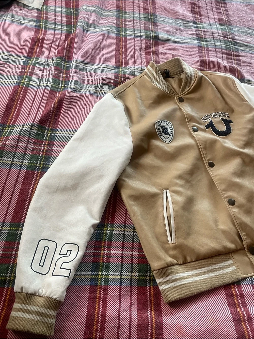True Religion Tan and White Varsity Jacket